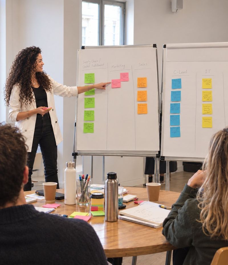 Rita leading a collaborative workshop at a whiteboard covered in sticky notes