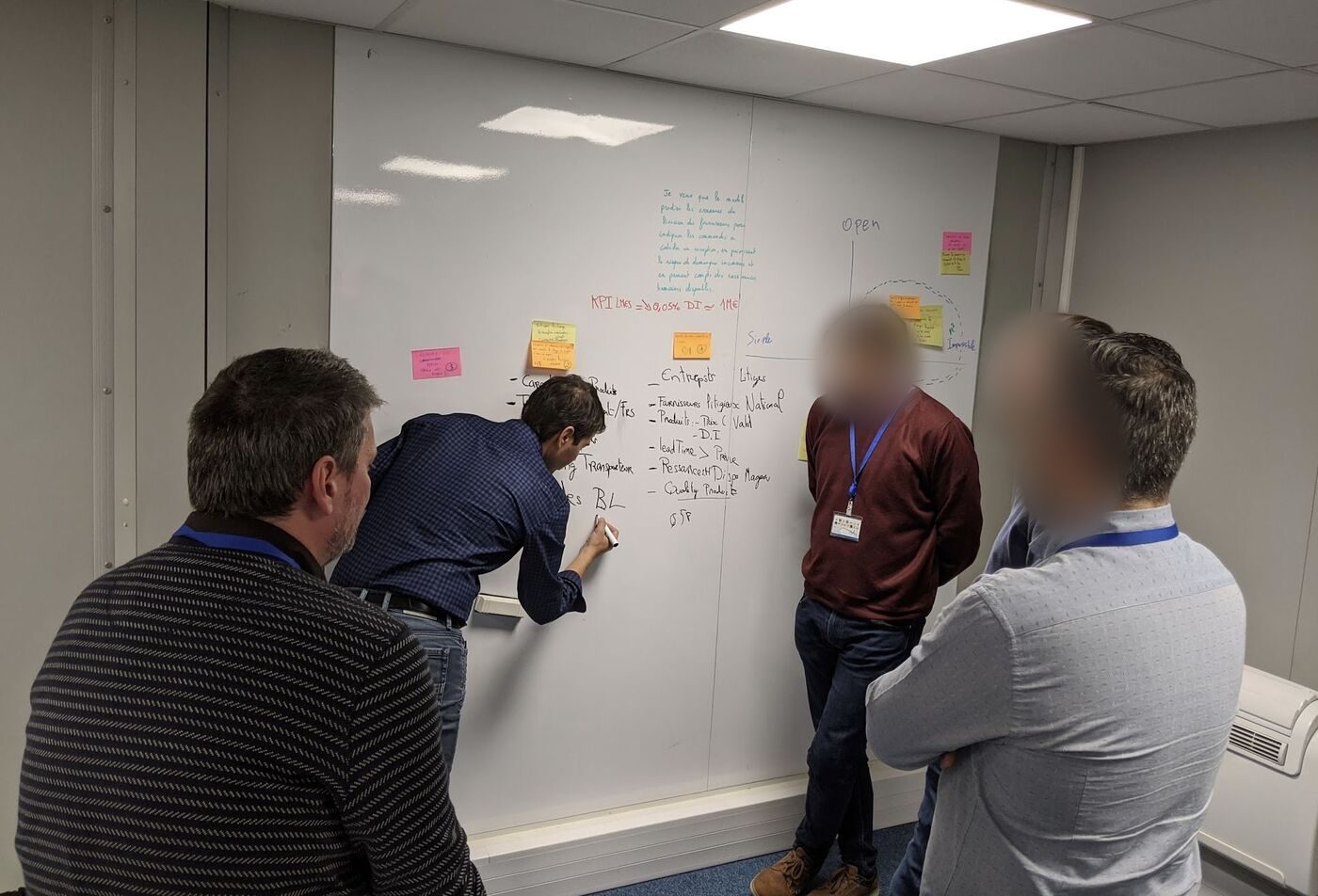 Workshop participants writing on a whiteboard